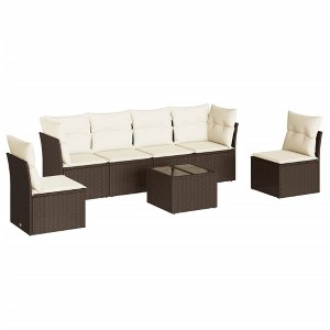 vidaXL 7 Piece Patio Sofa Set with Cushions - Brown and Cream With Table - 1 of 4