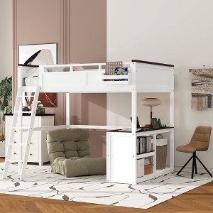 TIRAMISUBEST Queen Size Loft Bed with Bulit-in Desk,Open Shelf and a Storage Box, Solid Wood Loft Bedframe with USB Charging Station and Ladder - 1 of 4