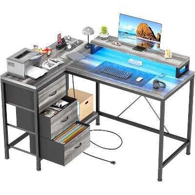 L-Shaped Gaming Desk with LED Lights & USB Hub - 4 Outlets, 3 Drawers, Adjustable Monitor Stand, Home Office Computer Desk