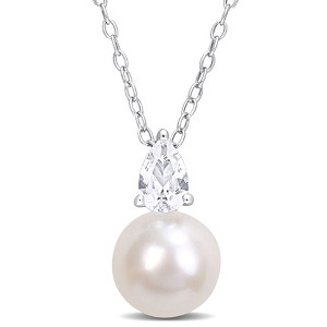 EVERLY JEWELRY | Sterling Silver 8.5-9mm White Cultured Freshwater Pearl and 5/8ct TGW Created White Sapphire Solitaire Pendant with Chain, 18" - 1 of 4
