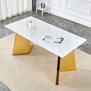 Marble Patterned Dining Table,Dining Table With Slabs Tabletop And Stainless Steel Butterfly Legs,Rectangular Dining Table-Cuddlewood - 1 of 4