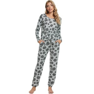 cheibear Women's Sleepwear Lounge Soft Nightwear with Pockets Long Sleeve Pajama Set - 1 of 4