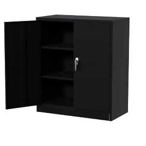 Metal storage cabinet with lockable door handle and adjustable shelves. Easy-to-assemble garage tool cabinet suitable for home, warehouse - 1 of 4