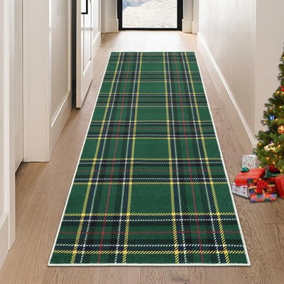 Festive Christmas Plaid Runner Rug, Non-Slip Low Pile Washable Entryway Floor Mat, Holiday Hallway Carpet for Home Decor