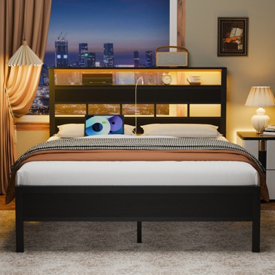 Furnulem Full  and Queen Bed Frame with Storage Headboard and LED Lights, Metal Bedframe with Charging Station and USB Port, No Box Spring Needed