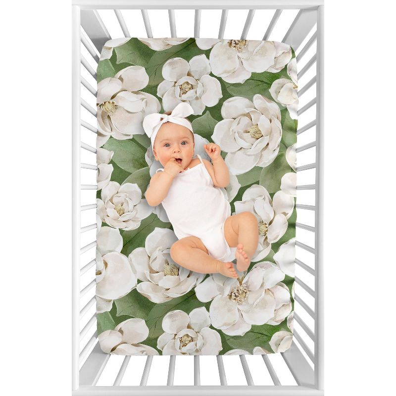 Sweet Jojo Designs Girl Baby Fitted Mini Crib Sheet Watercolor Magnolia Green and Off White, 4 of 7