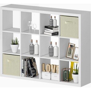 Sandinrayli Bookshelf with Storage Bins, 12-Cube Storage Organizer, Modern White Bookcase for Bedroom, White - 1 of 4