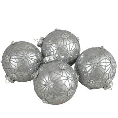 Northlight 4ct Silver with Floral Gem Christmas Ball Ornaments 3.25-Inch (80mm)