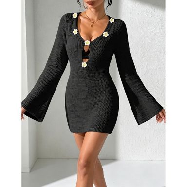 mini black dress with bell sleeves YESFASHION Women Floral Deep V Sleeve Hollow Knit Beach Cover-Up Dress,S,Black : Target with its charming sheath Scoop Neckline Trafaluc by Zara Women's Color:Cyan