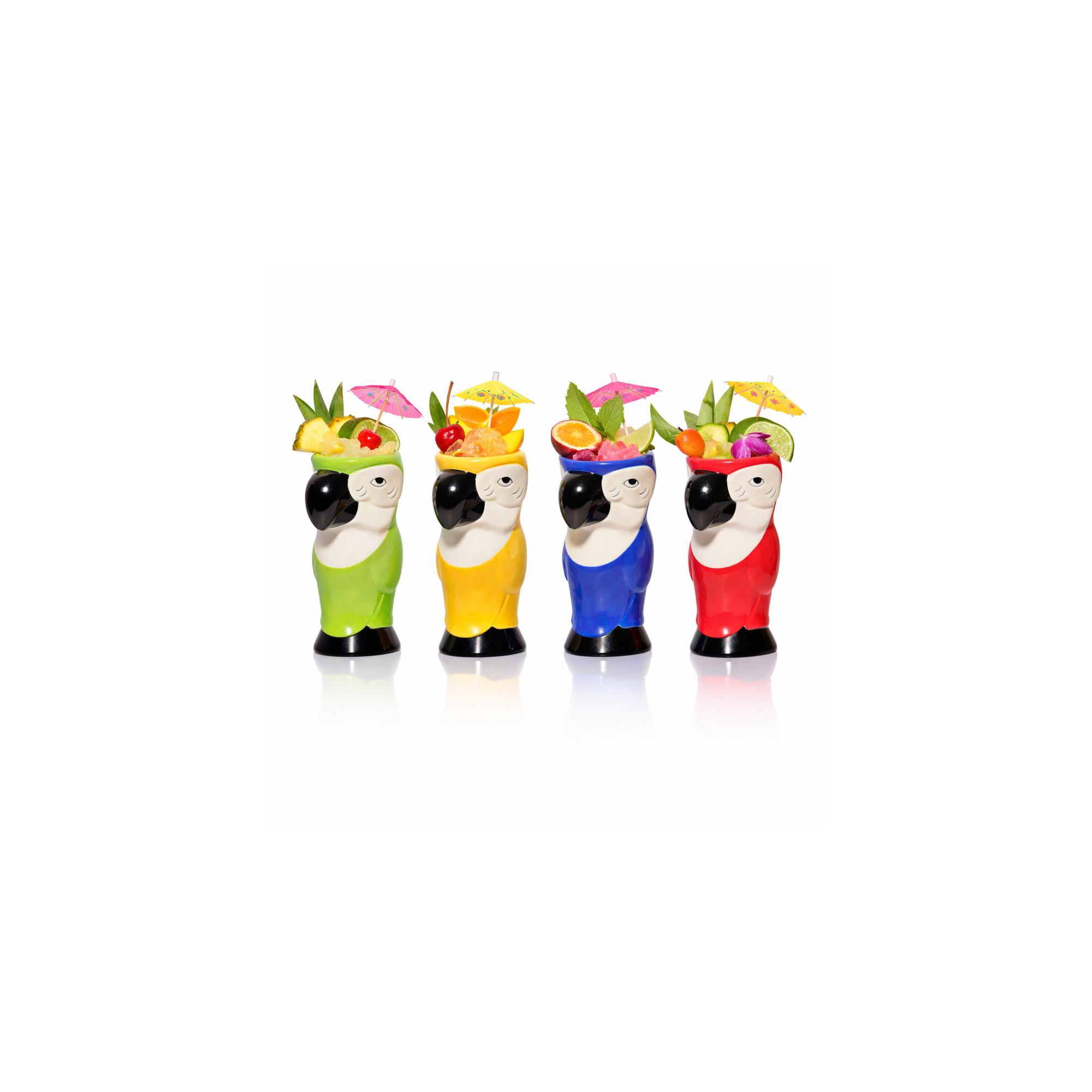 Ceramic Hawaiian Multi Color Parrot Tiki Glasses (15oz) - Set of 4