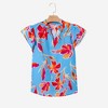 Amaryllis Women’s Blue Floral Print Split Neck Ruffle Sleeve Lightweight Relaxed Fit Casual Blouse - 4 of 4