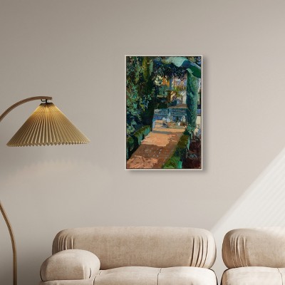 Entrance with Fountain Impressionism Landscape Canvas Wall Art, 31" x 21", Silver Frame