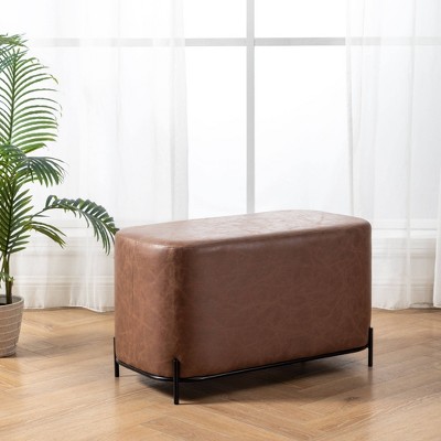 Distressed Brown Faux Leather Upholstered Bench with Black Metal Base