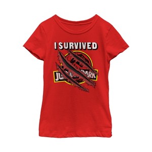 Girl's Jurassic Park I Survived The Island, Raptor Claw Tear T-Shirt - 1 of 4