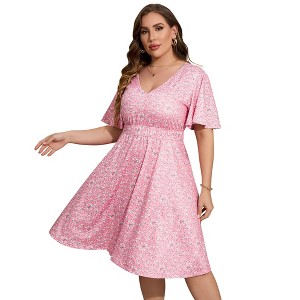 Women's Plus Size Boho Floral V Neck Ruffle Short Sleeve Dress Elastic High Waist A Line Dress - 1 of 4