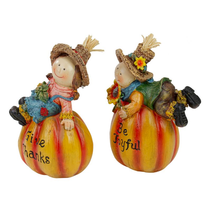 Northlight Set of 2 Girl and Boy Scarecrows on Pumpkins Fall Figurines 6", 4 of 7