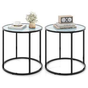 Tangkula 2PCS Glass End Table 20" Round Side Table w/ Metal Frame & Faux Marble Glass Top - 1 of 4