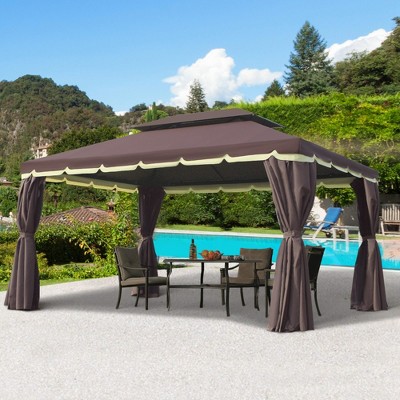 Coffee Brown Aluminum Outdoor Gazebo with Netting and Curtains