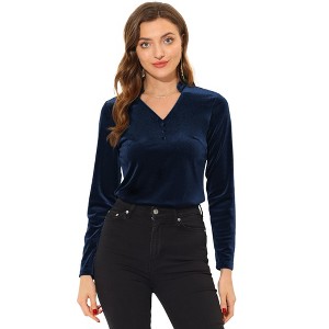 INSPIRE CHIC Women's Casual Soft Long Sleeve Button Decor V Neck Velvet Top - 1 of 4