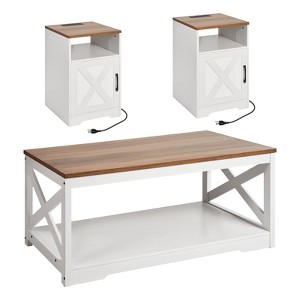 VEVOR 3 Pieces Farmhouse Coffee Table Sets, 40 in Industrial Coffee Table with 2 End Side Tables, White&Brown - 1 of 4