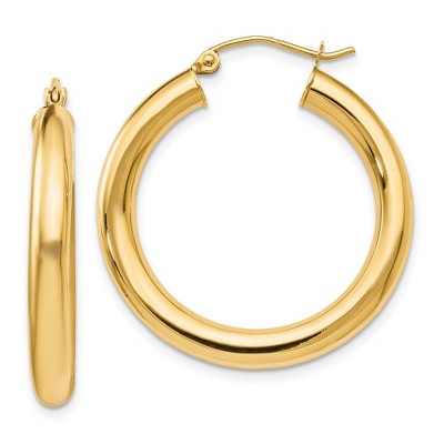 Black Bow Jewelry 4mm x 29mm (1 1/8 Inch) 14k Yellow Gold Classic Round Hoop Earrings