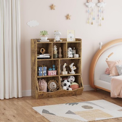 Kids 3-Tier Storage Organizer Bookshelf Gray - 7 Compartment Shelf for Kids' Room, Bedroom, Living Room, and Kindergarten