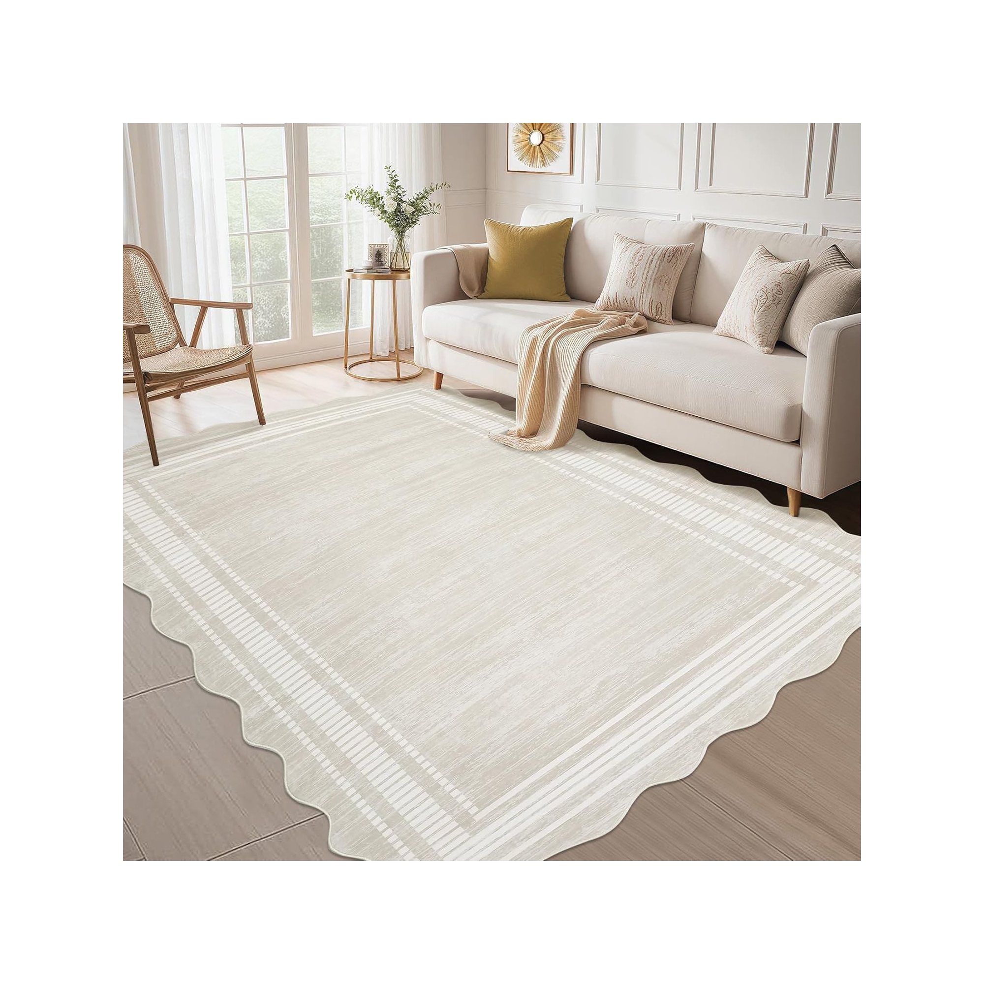 5x7 Scalloped Stylish Area Rugs, Non-Slip Short Pile Living Room Rug, Machine Washable for Dining, Bedroom, Home Office