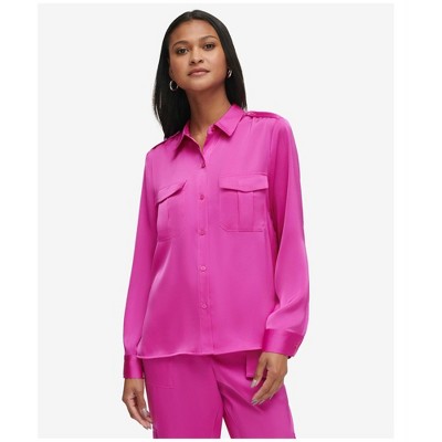 Calvin Klein Womens Satin Long Sleeve Button Up Shirt, Pink, X-Small