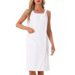 INSPIRE CHIC Women's Shower Wrap Wearable Button Bath Towel Robe Strap Sleeveless Dress with Snaps Pockets Spa - 1 of 4