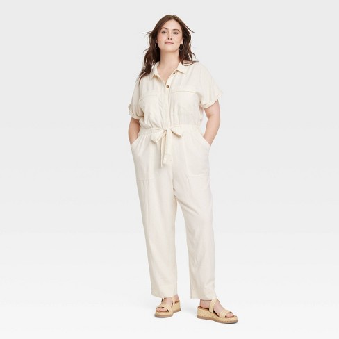 Women's Short Sleeve Button-Front Boilersuit - Universal Thread Cream 12