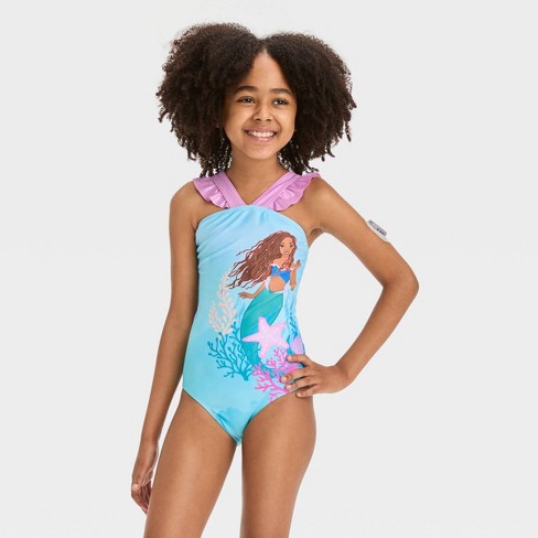 Girls' The Little Mermaid Fictitious Character One Piece Swimsuit - Blue XS