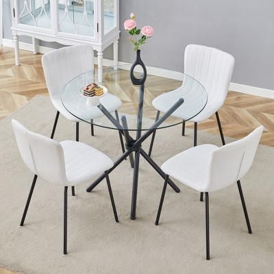 ModernLuxe 5 Piece Round Dining Table Set for 4, Glass Dining Set, Minimalist Saving Breakfast Nook Table Set, Black/White/Brown/Light Gray