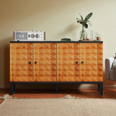 Modern Retro Buffet Sideboard Cabinet with 4 Geometric Doors, Adjustable Shelves Accent Storage Credenza for Dining Room Living Room Entryway