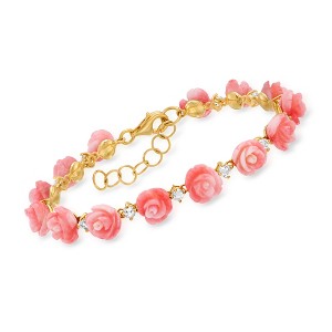 Ross-Simons Pink Coral and 1.40 ct. t.w. White Topaz Rose Bracelet in 18kt Gold Over Sterling - 1 of 3