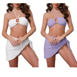 INSPIRE CHIC Women's Rope Circle Halter Ribbed Triangle Bottoms Side Tie Cover Up Swimwear Bathing Bikini Suits 2 Sets - 1 of 4