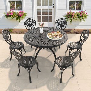 7-Piece Patio Set: Round Table & 6 Chairs - Cast Aluminum, All-Weather/Umbrella Hole & Adjustable Legs for Balcony/Backyard - 1 of 4