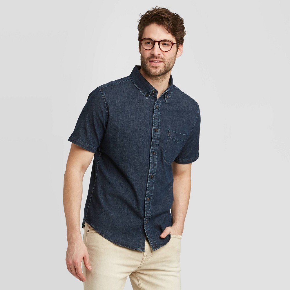 Men's Standard Fit Short Sleeve Denim Shirt - Goodfellow & Co Dark Wash 2XL, Men's, Dark Blue was $19.99 now $12.0 (40.0% off)