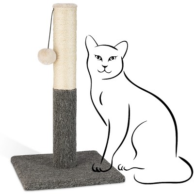 PAWBEE Cat Scratching Post - 20” Kitty Scratch Pole with Natural Sisal Rope and Hanging Ball Toy - Carpet Covered Heavy Anti-tip Base