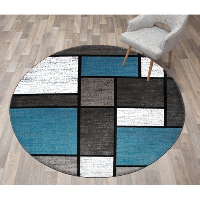 Blue and Gray Geometric Round Synthetic Area Rug 8'