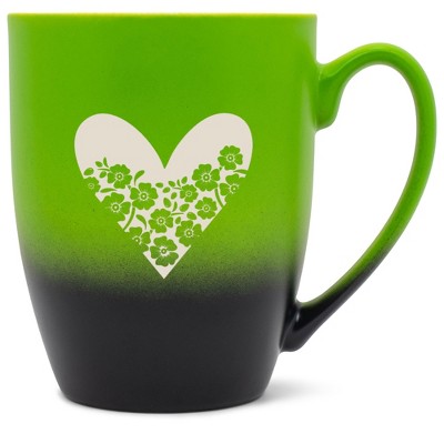 Elanze Designs Heart and Flowers 12 Ounce Ceramic Laser-Etched Engraved Drinkware Mug, Green and Black Ombre