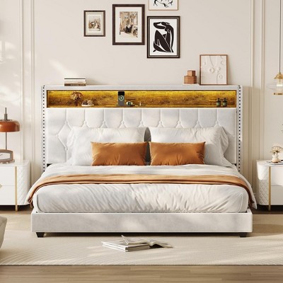 Velvet Upholstered Bed Frame with Storage Headboard and Built-in Charging Station