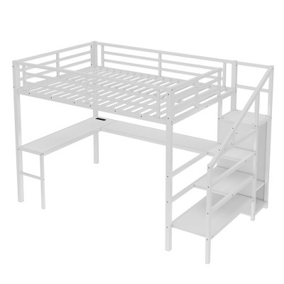 TIRAMISUBEST Queen Size Loft Bed with L-Shaped Desk & Wardrobe - USB Ports, LED Lights, Adjustable Shelves for Kids/Teens/Adults, White Metal Frame