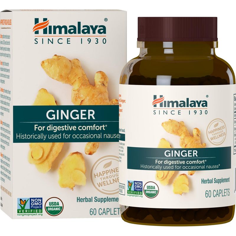 Himalaya Organic Ginger, Digestive Relief Supplement for Nausea, Gas and Occasional Upset Stomach, 820 mg, 60 Caplets, 2 Month Supply, 1 of 5