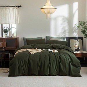 Duvet Cover Set 100 Washed Cotton, Solid Olive Green, Queen, 3 Pieces - 1 of 4