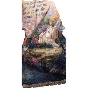 Manual Woodworkers and Weavers Inspirational Tapestry Throw 50"x60", Church in the Country with Psalms Verse, Cotton Religious Decor - 1 of 3