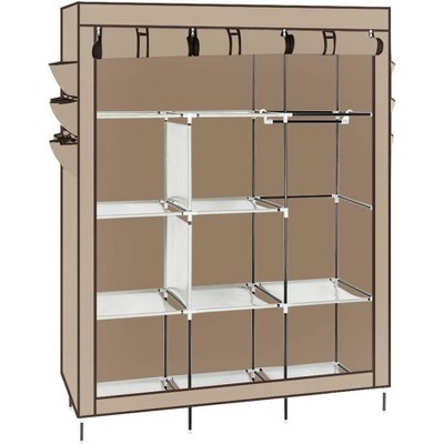 Portable Wardrobe Storage Closet Clothes Organizer High-Leg Non-Woven Fabric Assembled Cloth Wardrobe Beige