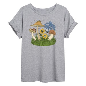 Women's - Instant Message - Cottagecore Mushrooms and Flowers Oversized Graphic T-Shirt - 1 of 4
