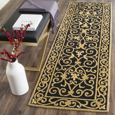 Handmade Black Floral Wool Rectangular Area Rug