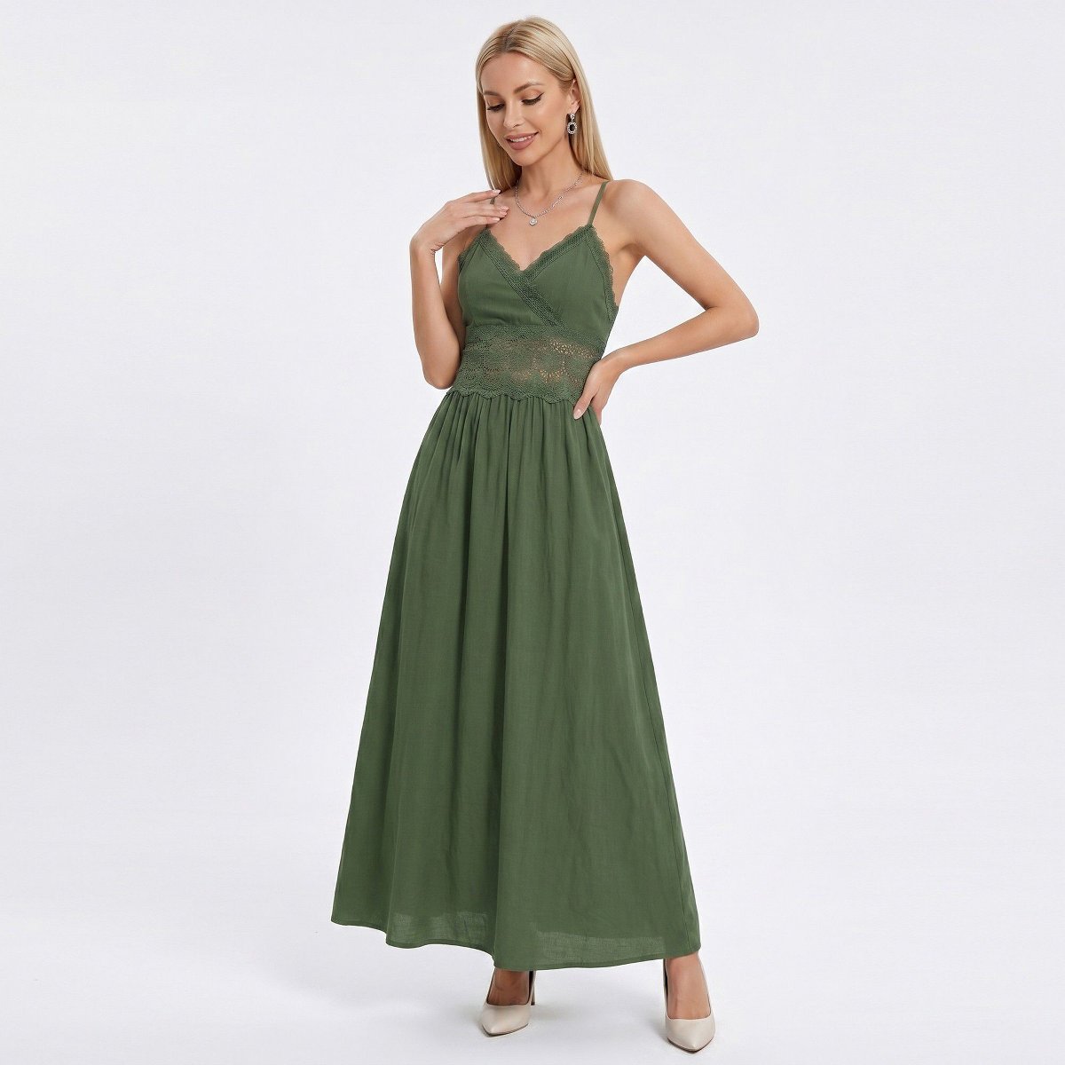 Женские платья Anna-Kaci Women's Lace Waist Maxi Dress with Spaghetti Straps and Surplice V Neck Bodice - X Large, Olive — фото 3