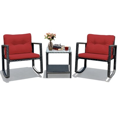 Red Cushioned Black Steel Rocking Armchairs with Glass Table Set